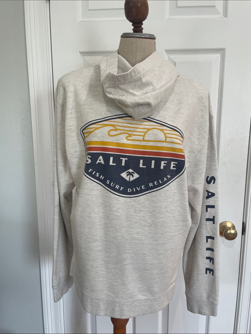 Salt Life Cream Hoodie with Navy, Yellow and Orange Sunset Graphic